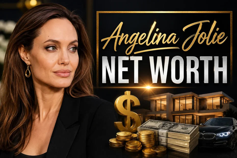 Angelina Jolie portrait graphic with gold title reading Net Worth beside a luxury modern mansion, cash stacks, and gold coins.