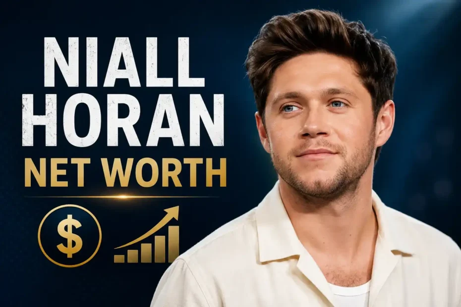 Niall Horan net worth graphic featuring his portrait and gold financial growth icons