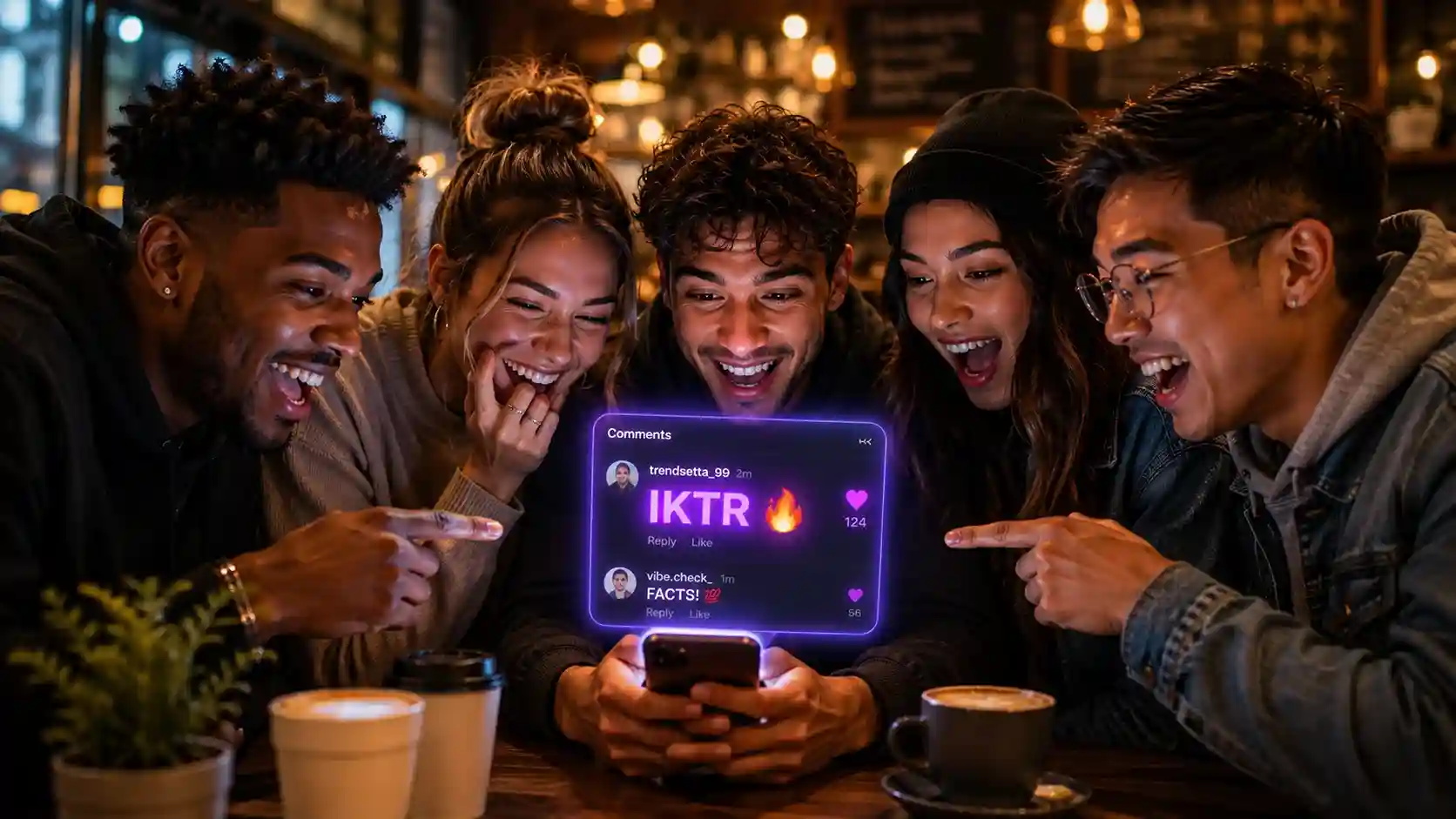 Diverse group of friends looking at a smartphone screen displaying glowing purple text with the IKTR Meaning in a social media comment.