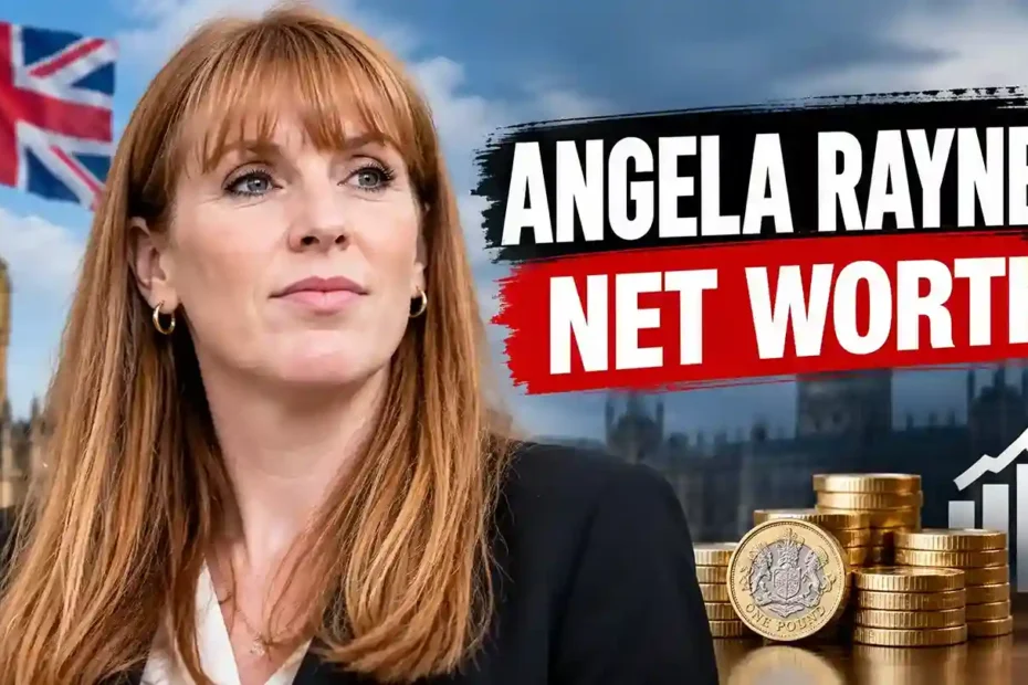 Angela Rayner net worth breakdown showing UK Deputy Prime Minister in front of Parliament with British pound coins.