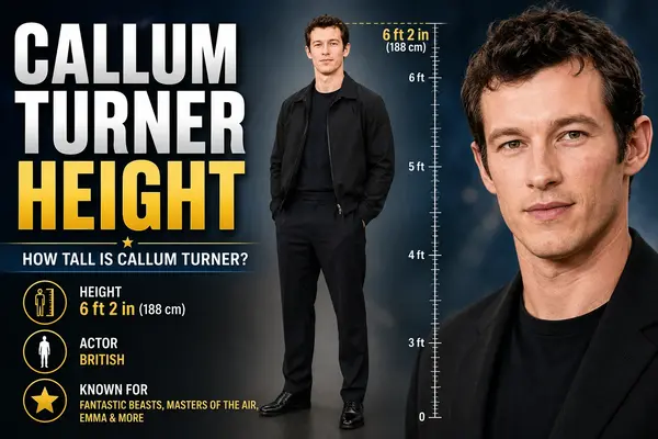 Infographic displaying Callum Turner height at 6 ft 2 in (188 cm) with full body portrait and career highlights.