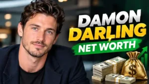 A portrait of Damon Darling next to the text "Damon Darling Net Worth" with stacks of money and a gold money bag.