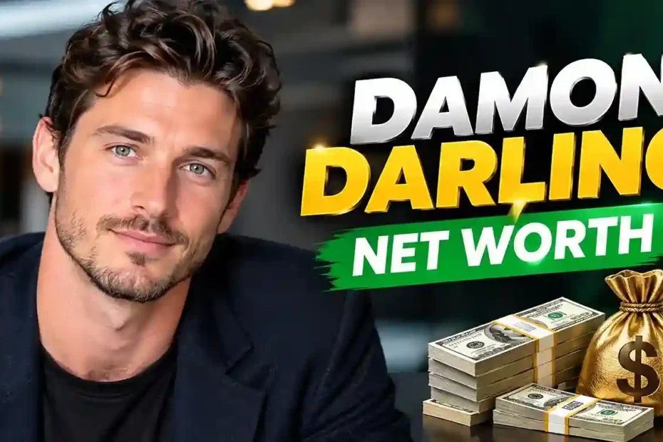 A portrait of Damon Darling next to the text "Damon Darling Net Worth" with stacks of money and a gold money bag.