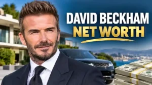 David Beckham in a suit with bold text reading David Beckham Net Worth, featured alongside a luxury mansion, black Range Rover, and stacks of cash.