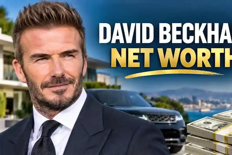 David Beckham in a suit with bold text reading David Beckham Net Worth, featured alongside a luxury mansion, black Range Rover, and stacks of cash.