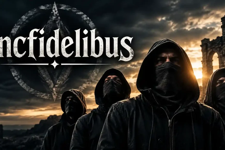 Incfidelibus – Dark metal band logo with hooded figures and ancient ruins at sunset
