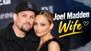 Joel Madden and his wife Nicole Richie posing together at a red carpet event with "Joel Madden Wife" overlay text.