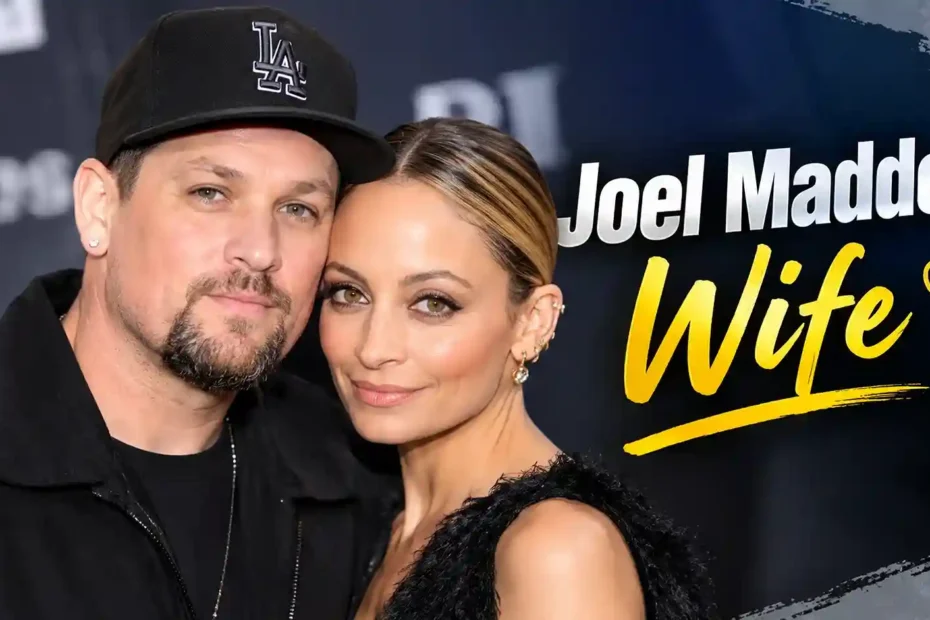 Joel Madden and his wife Nicole Richie posing together at a red carpet event with "Joel Madden Wife" overlay text.