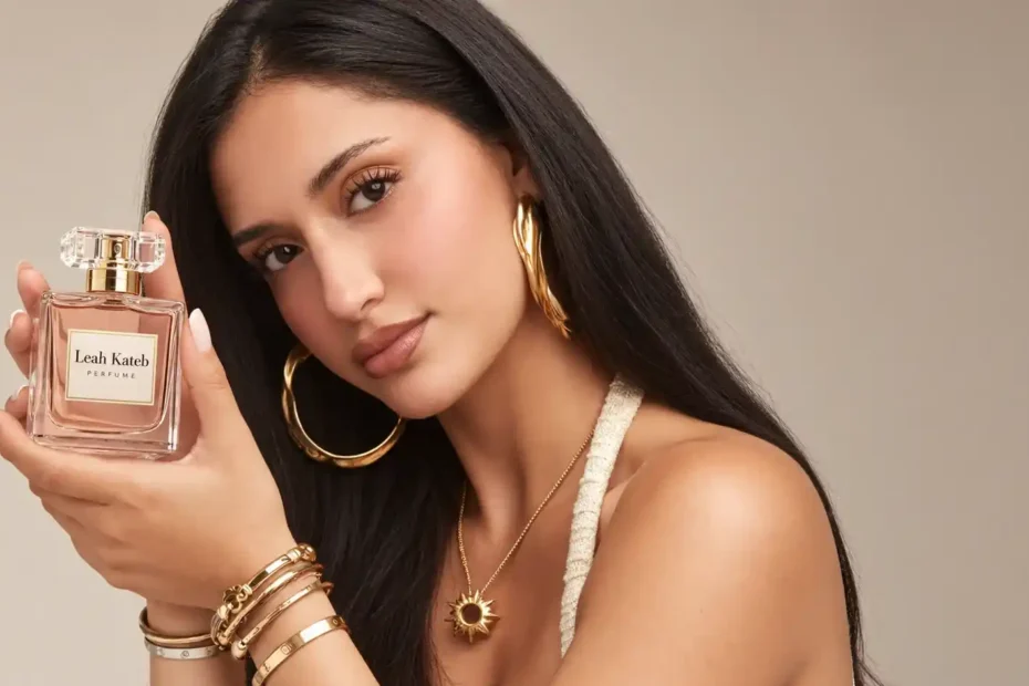 Leah Kateb holding her signature perfume bottle with gold jewelry