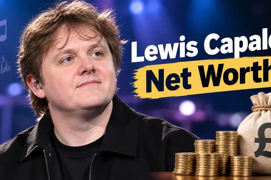 Scottish singer Lewis Capaldi featured in a net worth breakdown graphic alongside gold coins and a pound sterling money bag.