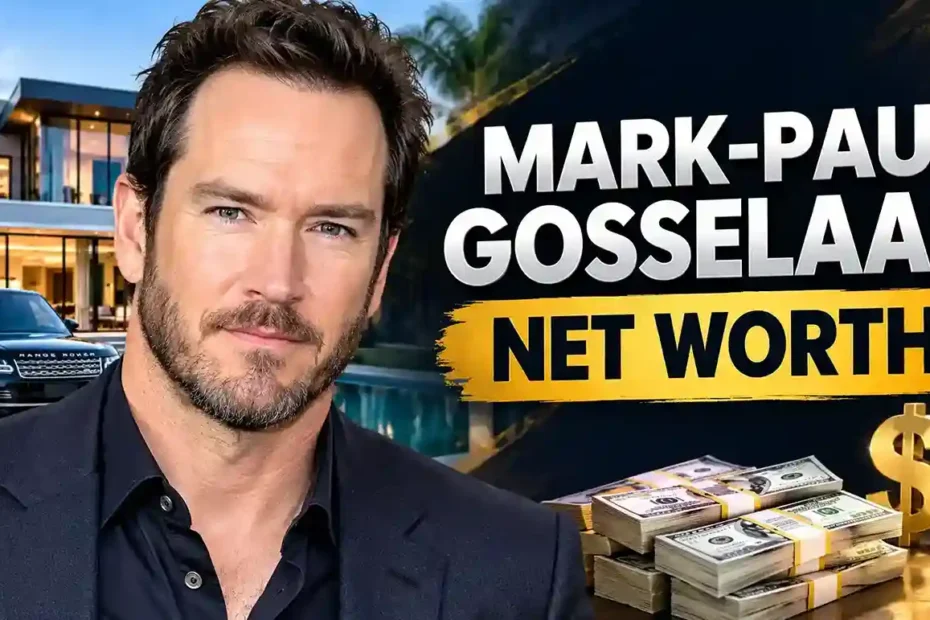 Mark-Paul Gosselaar Net Worth – Portrait of actor Mark-Paul Gosselaar with luxury modern mansion, black Range Rover, and stacks of cash