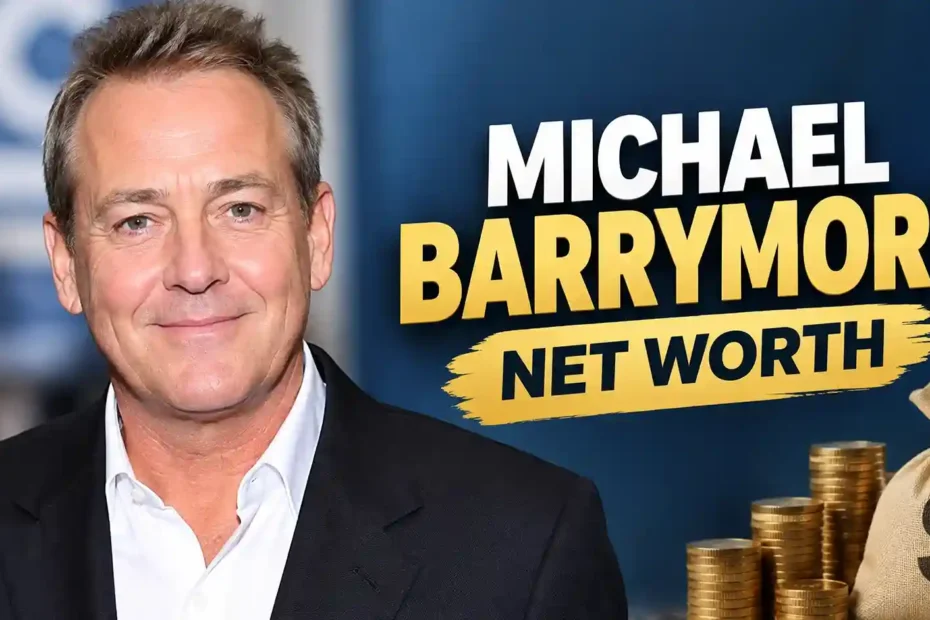 Former British television presenter Michael Barrymore smiling alongside a Michael Barrymore net worth title graphic with gold coins.