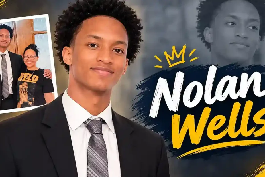 Nolan Wells in a black suit and striped tie smiling at the camera, with a polaroid photo of him with a woman, a faded background portrait, and bold yellow text “Nolan Wells” under a crown icon.