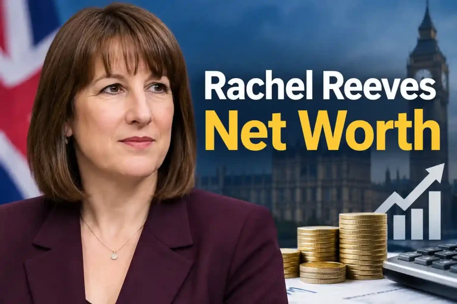 UK Chancellor Rachel Reeves standing in front of Parliament with text overlay reading Rachel Reeves Net Worth alongside gold coins and a financial growth chart.
