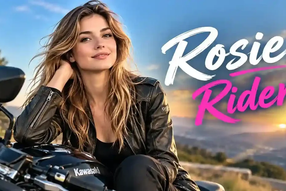 Rosie Rider sitting on Kawasaki motorcycle in black leather jacket at sunset