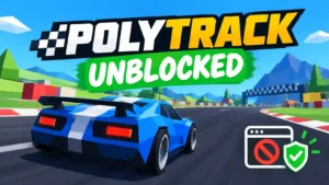 Polytrack unblocked game banner featuring a blue 3D polygonal race car on a vibrant outdoor racing track.