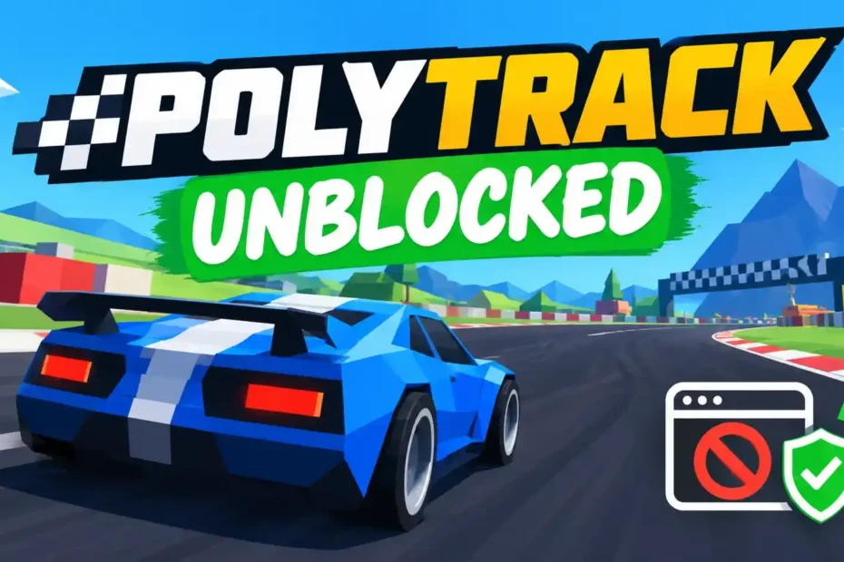 Polytrack unblocked game banner featuring a blue 3D polygonal race car on a vibrant outdoor racing track.