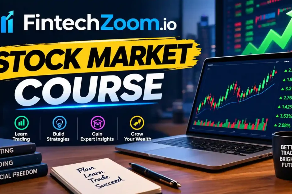 Workspace with laptop showing stock charts representing the fintechzoom.io stock market course