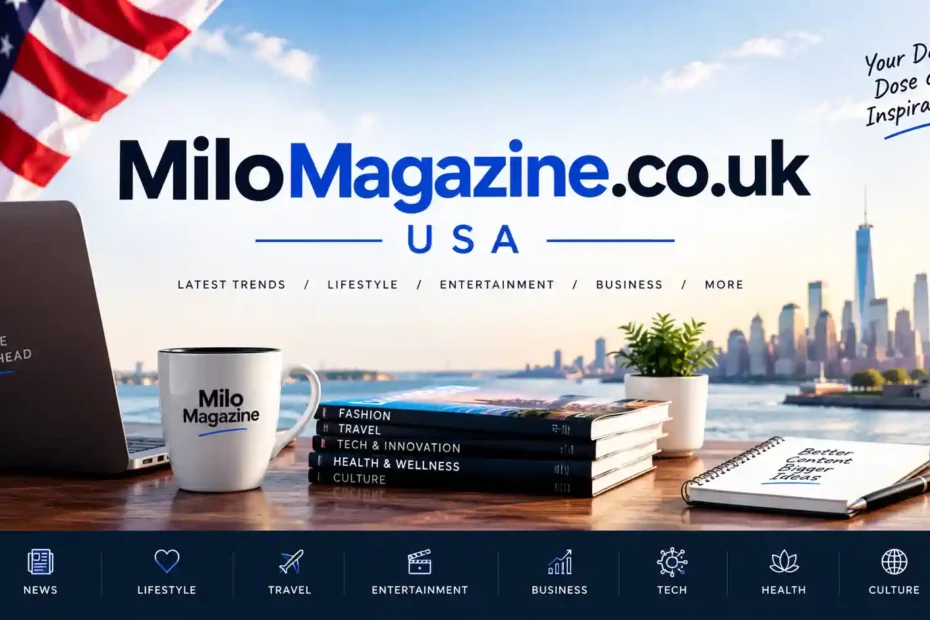 MiloMagazine.co.uk USA homepage displayed on laptop with coffee and warm lighting