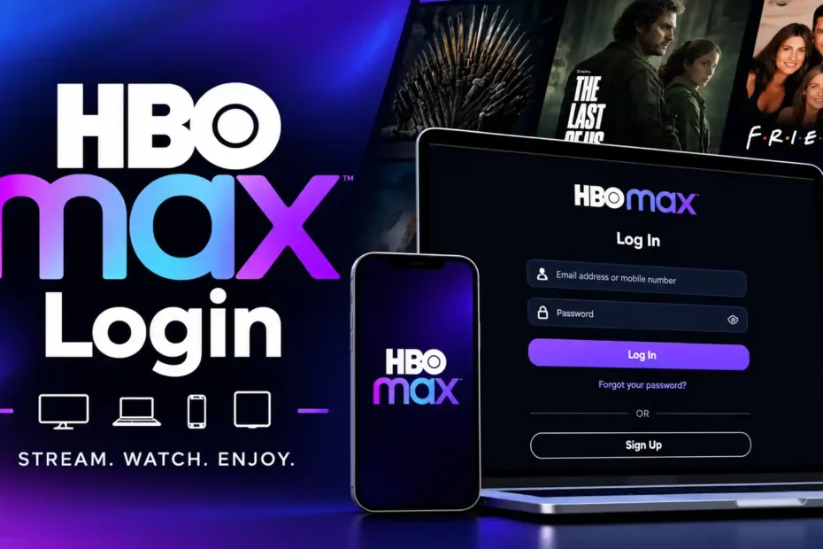HBO Max login page on laptop and smartphone with popular shows in background