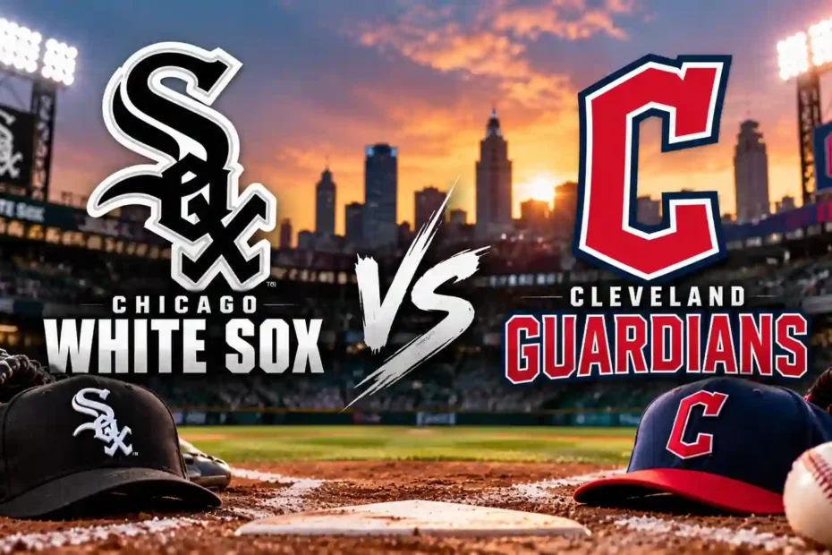 Chicago White Sox vs Cleveland Guardians MLB matchup graphic with team logos, caps, baseball, and stadium at sunset
