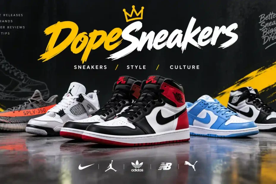DopeSneakers banner – collection of premium sneakers including Yeezy, Air Jordan 1, Nike Dunk and more