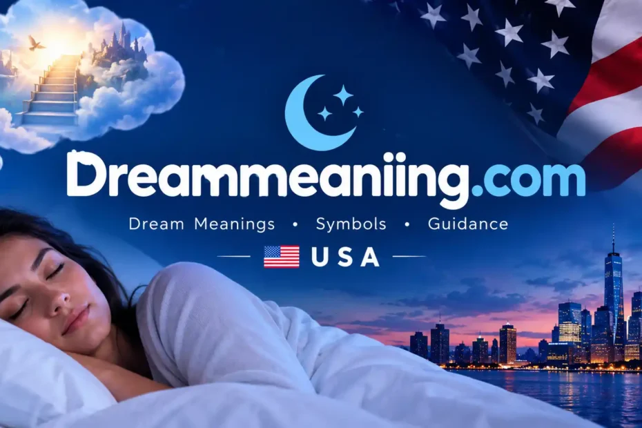 Woman peacefully sleeping with dream thought bubble of stairs leading to a glowing castle in clouds, Dreammeaning.com logo, American flag, and New York City skyline at dusk