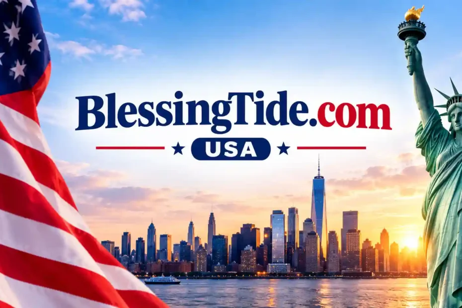 BlessingTide.com USA featured image with the American flag, Statue of Liberty, and New York City skyline at sunset.