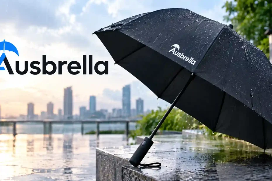 Ausbrella black umbrella with a modern design in a rainy outdoor setting