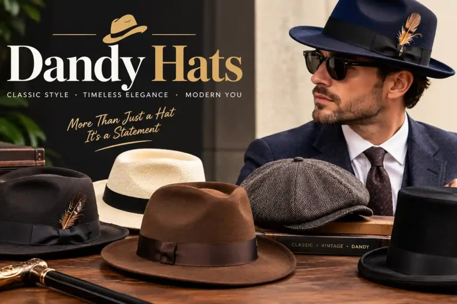 Dandy Hats – stylish man in navy fedora with collection of classic vintage hats on wooden table