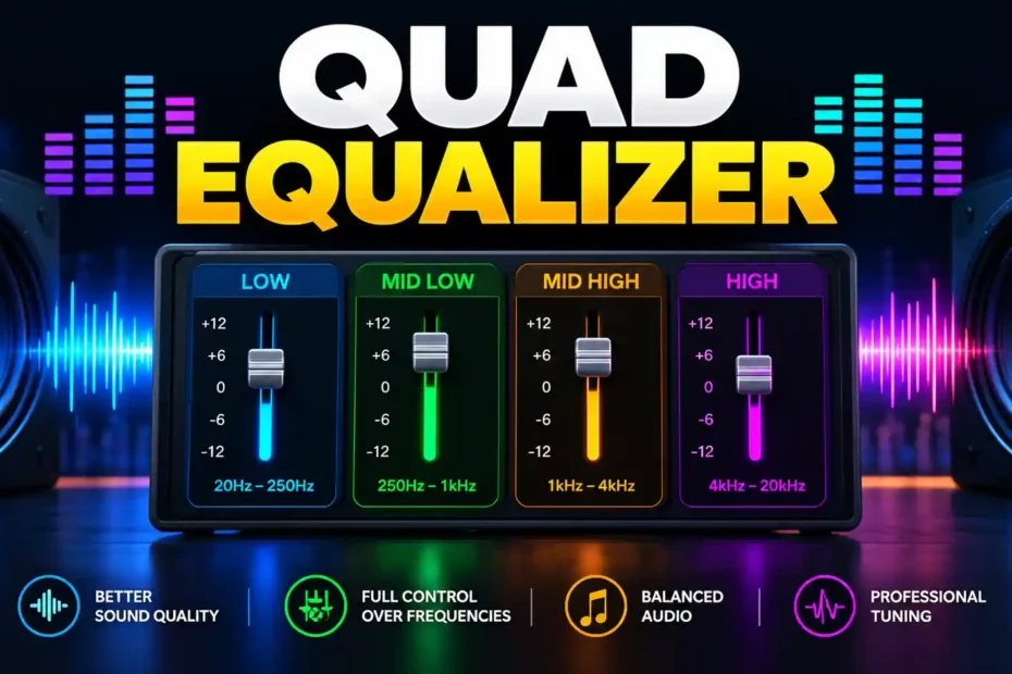 Quad Equalizer – 4-band audio equalizer with Low, Mid Low, Mid High and High frequency sliders, speakers and sound waves
