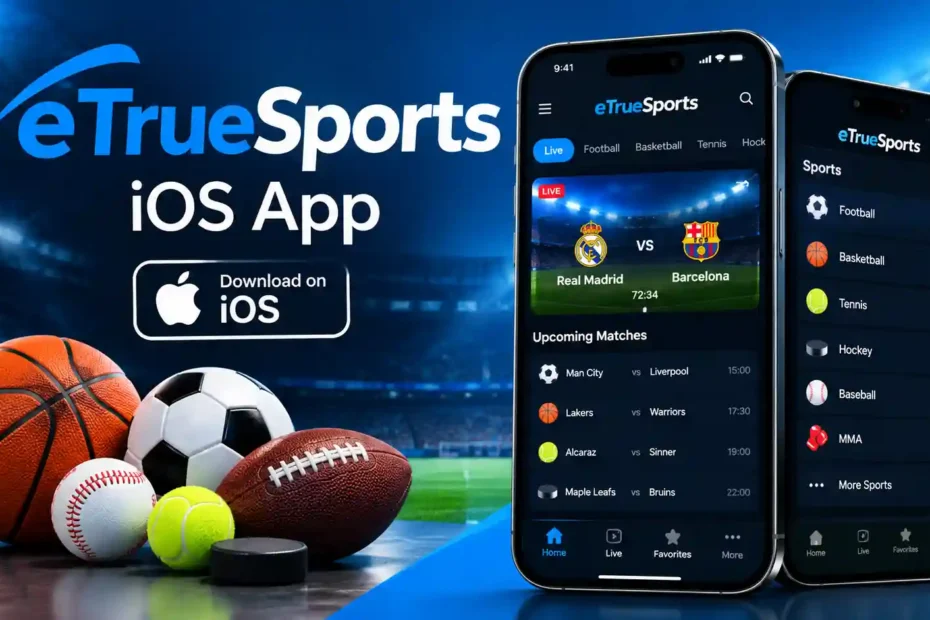 eTrueSports iOS app featuring live sports scores, match schedules, and multiple sports categories.