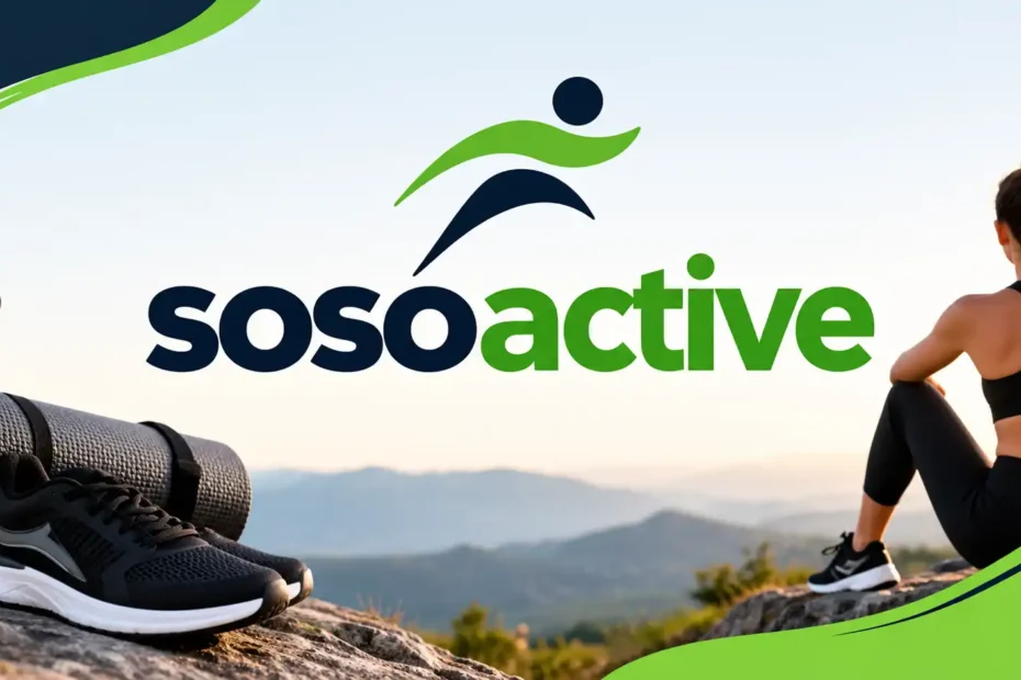 SosoActive fitness brand logo with outdoor workout gear water bottle yoga mat running shoes and woman in activewear enjoying mountain sunrise view