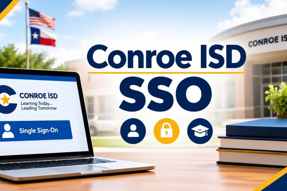 Conroe ISD SSO login portal dashboard displayed on a laptop computer screen